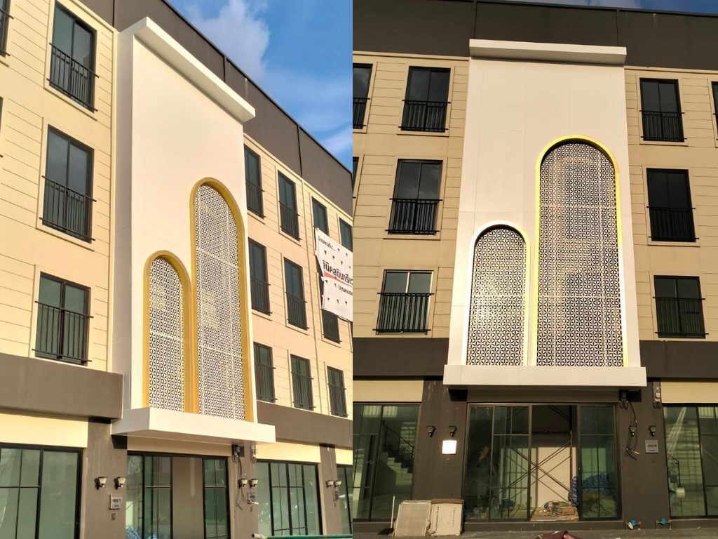 แผ่นอลูมิเนียมคอมโพสิตฉลุลาย เจาะฉลุทำให้อาคารโปร่งโล่ง ทันสมัย